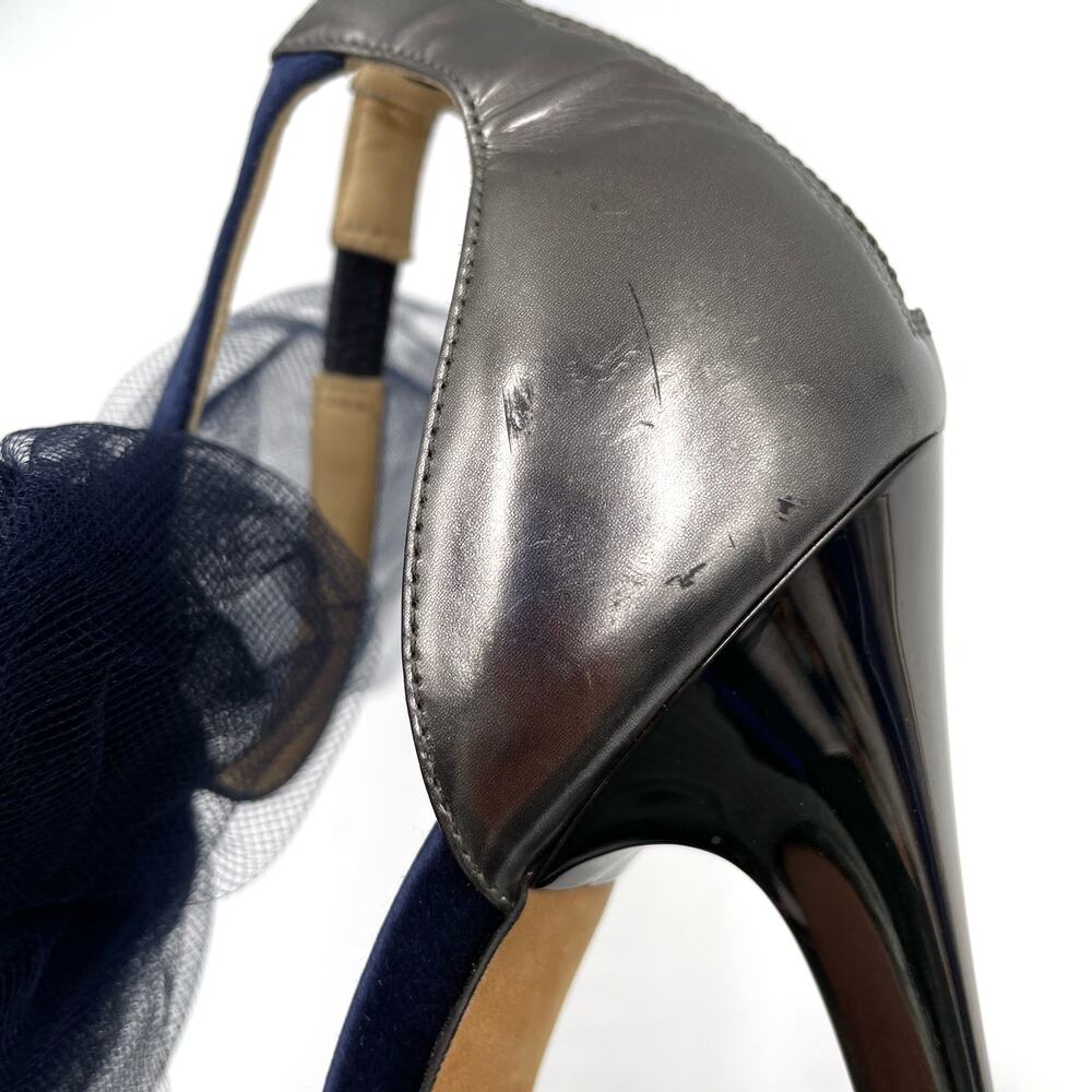 Jimmy Choo Navy Blue and Silver Tulle Ankle-Tie Stiletto Sandals - Picture 13 of 14